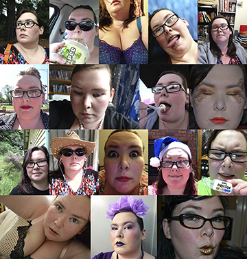 A big collage of my selfies!  I am: looking off to the side, drinking a slurpee in the car, showing off a new bra, poking my tongue out, smiling in front of books, wearing makeup and a quiff, looking downcast, eating ice cream, displaying elaborate eye makeup, smiling outdoors, wearing a hat and sunglasses, bug eyed in smeared makeup, wearing a blue santa hat, looking dismayed by One Direction branded conversation hearts, showing off another bra, wearing purple makeup and a floral headdress, wearing gold lipstick and making a kissy face.